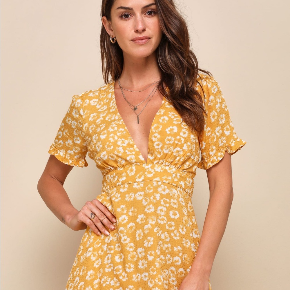 Lulus Garden Explorer Mustard Yellow Floral Print Mini Dress - Picture 7 of 9